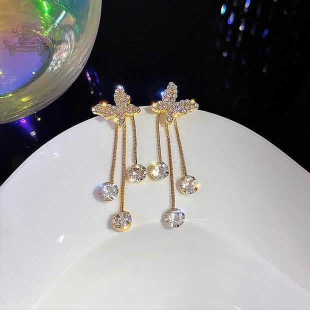 Shiny Butterfly Rhinestone hoop drop earrings for womens